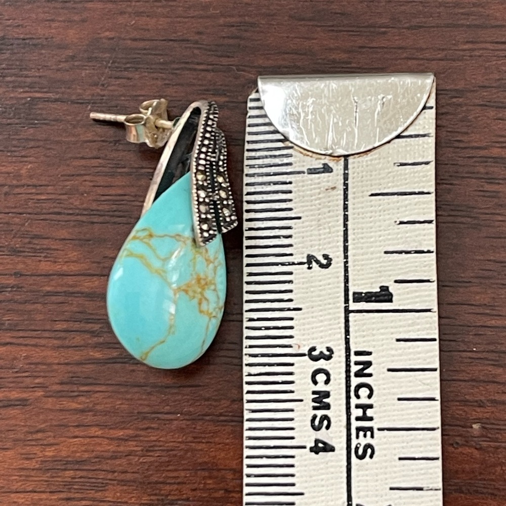 Turquoise Marcasite Solid Sterling Silver Drop Ea… - image 2